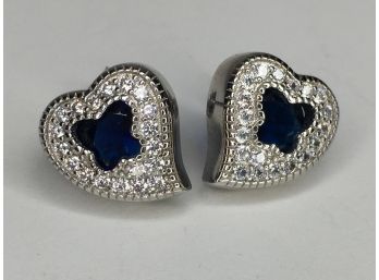 Lovely Sterling Silver / 925 Heart Shaped Earrings With Blue And White Topaz - Very Pretty Pair Of Earrings