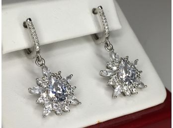 Incredible 925 / Sterling Silver Drop Earrings Encrusted With White Topaz And White Zircons WOW - Very Nice !