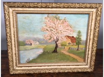 Adorable Vintage 1930s - 1940s Painting - Oil On Board Dogwood Tree - Painted In Newtown,CT - Unsigned Piece