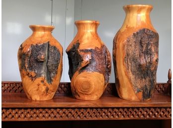 Three Fabulous J W CAMPBELL Carved Burl Wood Vases - Highly Sought After - Three For One Bid - GREAT PIECES !