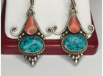 Very Pretty 925 / Sterling Silver Earrings HAND MADE IN BALI With Coral & Blue Turquoise - Very Nice Pair