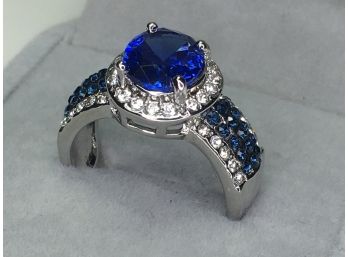 Wonderful 925 / Sterling Silver And Sapphire Ring With White Topaz Accent Stones - VERY Nice Ring ! WOW !