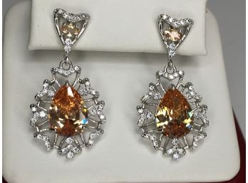 Incredible 925 / Sterling Silver Drop Earrings With SPARKLING White & Orange Topaz - VERY Expensive Look !
