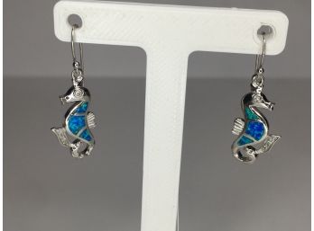 Fantastic 925 / Sterling Silver Seahorse Earrings With Abalone / Opal Inlays With White Sapphire Eyes
