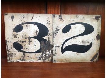 Two Fantastic Tin Panels With Hand Painted Numbers 3 & 2 - Part Of Sign ? - 1880-1900 Very Old - 10' X 10'