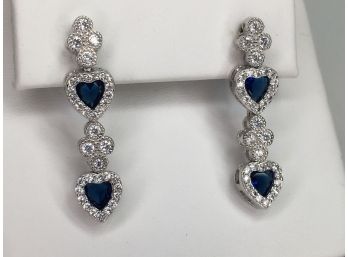 Stunning Sterling Silver / 925 Drop Earrings With White / Blue Sapphires - Very Pretty Pair - New Unused