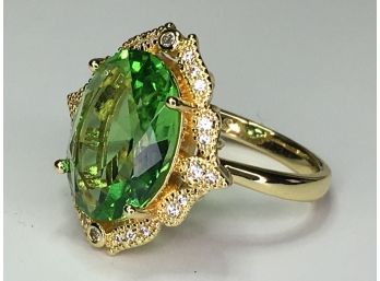 Gorgeous 925 / Sterling Silver With 14K Gold Overlay Cocktail Ring With Peridot & White Zircons - Very Pretty