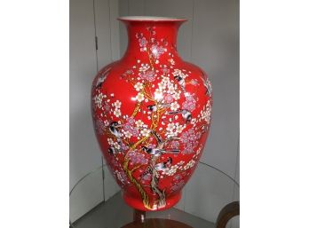 HUGE Bright Red Asian Vase - Decorated With Flowers And Birds - White Porcelain Interior - VERY LARGE !