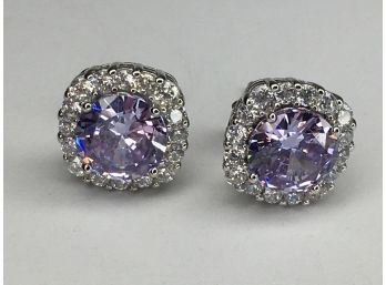 Fantastic 925 / Sterling Silver With Amethyst Encircled With White Topaz - These Are Very Pretty Earrings