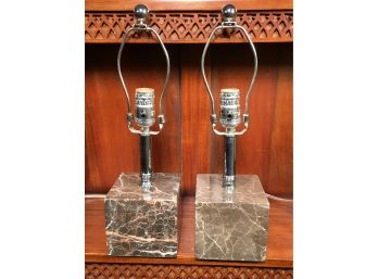 Fantastic Pair Modern Marble Lamps ($89.99 Each) - Brown Marble With Chrome - VERY Nice Lamps - No Shades