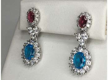 Wonderful 925 / Sterling Silver Earrings With Garnets And London Blue / White Topaz Earrings - New Unworn