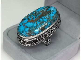 Incredible Vintage Style 925 / Sterling Silver Filigree Cocktail Ring Large Turquoise - WOW ! - Amazing !