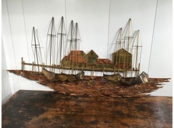 Awesome LARGE Retro / Modern Wall Sculpture Of Ship / Port - Curtis Jere Style - Signed ROLAND FIESS 81' WOW