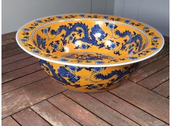 Huge Vintage Chinese Porcelain Dragon Bowl - Yellow Ochre Background With Blue Decoration 6 Character Mark
