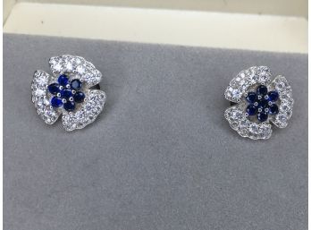 Stunning Flower 925 / Sterling Silver Earrings With Blue & White Sapphires - These Are VERY Pretty Earrings