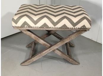 Very Nice Looking Designer / Decorator X Form Bench / Stool With Whitewashed Wood Base And Zig Zag Fabric