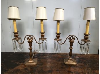 Pair Vintage Candelabra Lamps With Drop Crystals With Shades - Very Good Looking Lamps - Vintage Pair !