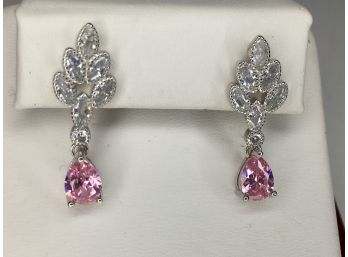 Gorgeous 925 / Sterling Silver Drop Earrings - VERY Elegant With White & Pink Tourmaline Very Pretty Earrings
