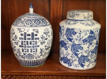 Two Lovely Vintage Asian Style Blue & White Porcelain Lidded Ginger Jars - Nice Styles - Nice Decorator Items