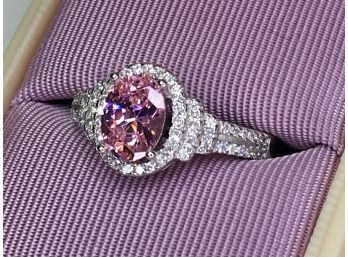 Fabulous 925 / Sterling Silver Ring With Pink Tourmaline & White Sapphires - Very Pretty Ring - Brand New
