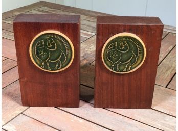 Fabulous Vintage RATHCRAFT - Midcentury / MCM / Modern Teak Bookends With Ceramic Plaques With Horse - GREAT !