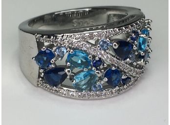 Fabulous 925 / Sterling Silver Ring With Sapphire - Aquamarine & Royal Blue Topaz - WOW ! - Very Nice Ring !