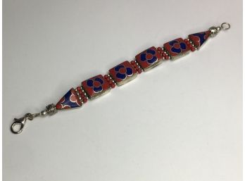 Unusual 925 /  Sterling Silver Bracelet HAND MADE IN BALI - With Lapis & Coral Enamel With Coral Beads