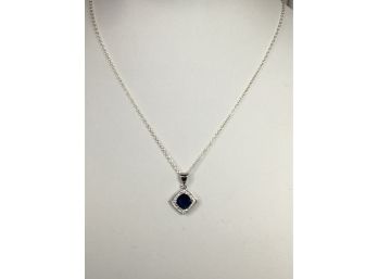 Fantastic 925 / Sterling Silver Necklace With Sapphire & White Zircon Pendant On 16' Chain - Made In Italy