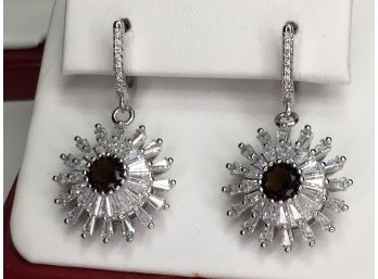 Very Pretty Sterling Silver / 925 Sunburst Earrings With Dark Brown Topaz / White Topaz - Very Pretty !