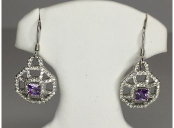 Very Pretty And Delicate Earrings With Amethyst And White Sapphires - Lovely Earrings - Brand New - Unworn