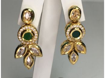 Beautiful Sterling Silver / 925 Earrings With 18K Overlay - Emerald Quartz And White Zircons - From India