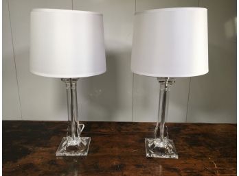 Lovely Brand New Pair Of Lucite Boudoir / Vanity Lamps - Very Nice Lamps With Matte White Drum Shades - NEW !