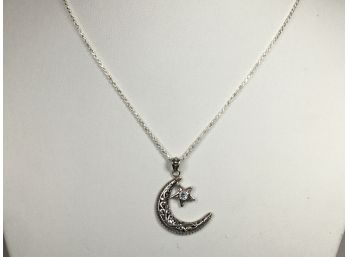 Lovely 925 / Sterling Silver Necklace With Moon & Stars Pendant - One Aquamarine - Very Pretty BRAND NEW