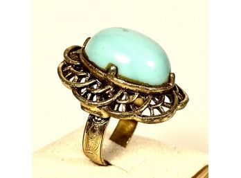 Vintage Gold Tone Ring W Large Faux Persian Turquoise Stone Fits Any Size