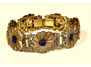 Gilt Brass And Glass Czech Deco Flower Link Bracelet W Blue Stones