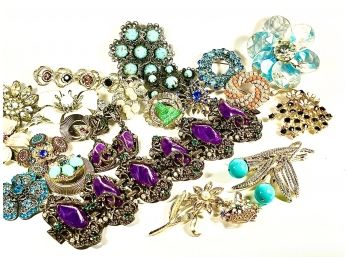 Large Lot 22 Pins Bracelet Etc. Costume Jewelry Vintage Rhinestones Etc.