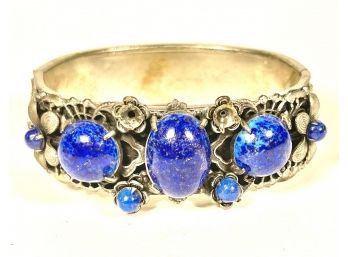 Vintage Gold Over Brass Cuff Hinged Cuff Bracelet W Blue Stones Czech