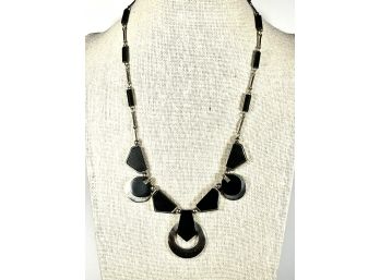 Art Deco 1920s Black Plastic Chrome On Brass Necklace
