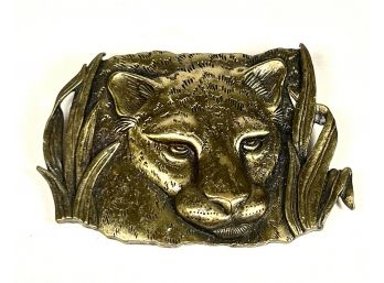 1980s Signed JJ Panther Cougar Brooch Dull Gold Tone Metal