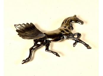 Nickel Plated Brass Deco Brooch Pegasus Horse W Wings