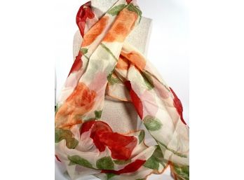 Vintage Ladies Scarf Peach And Red Colored Flowers