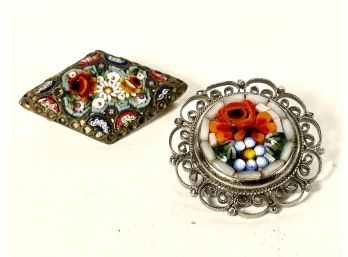 Two Vintage Italian Micro Mosaic Pins Brooches