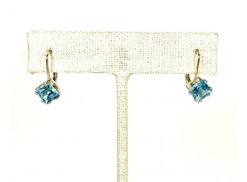Pair Sterling Silver Aqua Blue Stone Pierced Earrings Drops