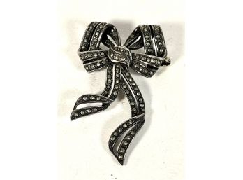 Large Sterling Silver Marcasite Bow Formed Brooch