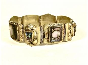 Mexican Silver Bracelet W Masks In Carved Shell