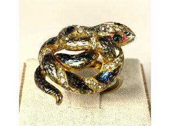 Signed Mandle Gold Tone Rhinestone Enamel Snake Costume Ring