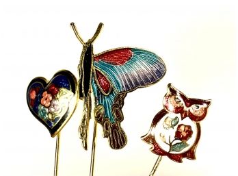 Three New Old Stock Chinese Enamel Gold Tone Figural Stick Pins Butterfly Owl Heart
