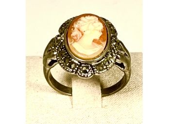 Vintage Cameo & Marcasite Ladies Ring About A Size 8