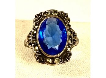 Vintage Sterling Silver Ladies Ring Marcasites And Blue Stone About A Size 7