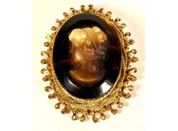 Vintage Gold Tone Large Glass Cameo Costume Brooch
